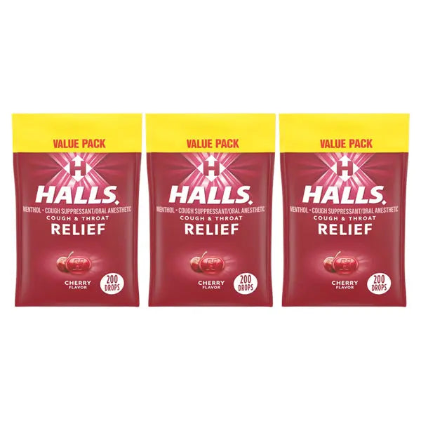 3 Pack - HALLS Cough and Throat Relief Cherry Cough Drops Value Pack 200 Count Halls
